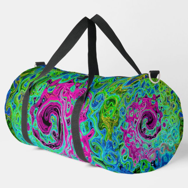 Abstrakter Retro-Swirl in Pink und Blau Groovy Duffle Bag (Linke Ecke)