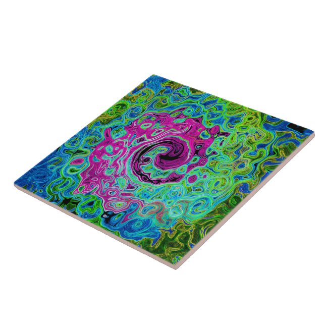 Abstrakter Retro-Swirl in Pink und Blau Groovy Fliese (Seite)