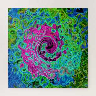 Abstrakter Retro-Swirl in Pink und Blau Groovy Puzzle