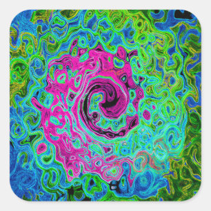 Abstrakter Retro-Swirl in Pink und Blau Groovy Quadratischer Aufkleber