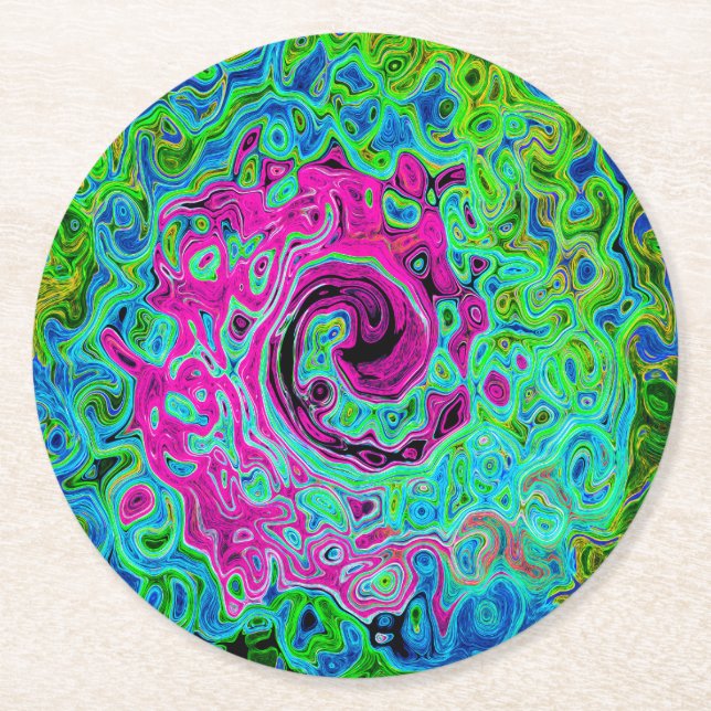 Abstrakter Retro-Swirl in Pink und Blau Groovy Runder Pappuntersetzer (Vorderseite)