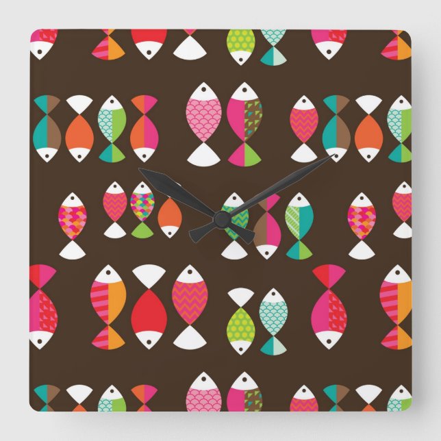 Abstrakter Retrofisch unter Wasser Muster 2 Quadratische Wanduhr (Vorderseite)