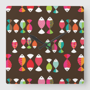 Abstrakter Retrofisch unter Wasser Muster 2 Quadratische Wanduhr