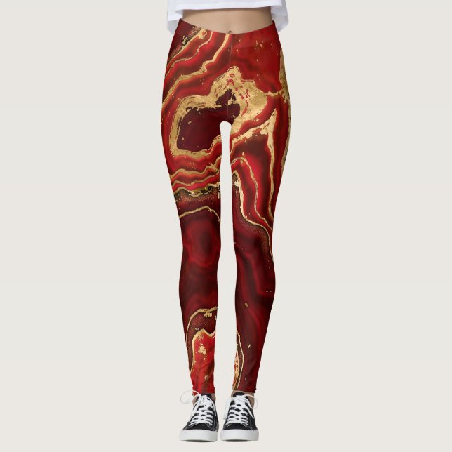 Abstrakter Rot- und Goldmarmor Leggings (Vorderseite)