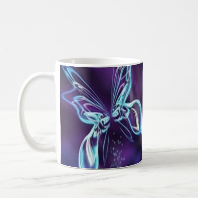 Abstrakter Schmetterling Lebender Neon Blue Lila T Kaffeetasse (Links)