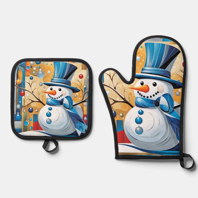 Abstrakter Schneemann Ofenhandschuh & Topflappen-Set (Vorderseite)