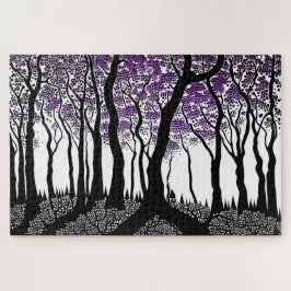 Abstrakter Schwarz-Weiß-Wald mit Lila Blätter Puzzle