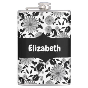 Abstrakter Schwarz-weißer Florals Designer Flask Flachmann
