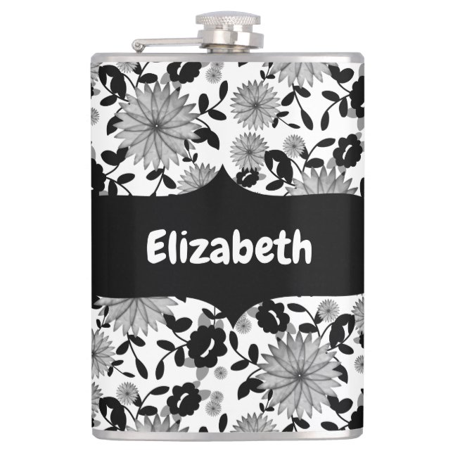 Abstrakter Schwarz-weißer Florals Designer Flask Flachmann (Vorderseite)
