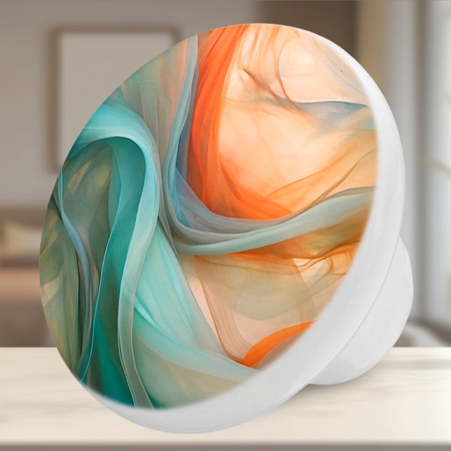Abstrakter Seidenknochen Keramikknauf (Ceramic Knob - Artsy Orange & Teal Flowing Silk Fabric - Decor Accent for Bedroom or Bath)