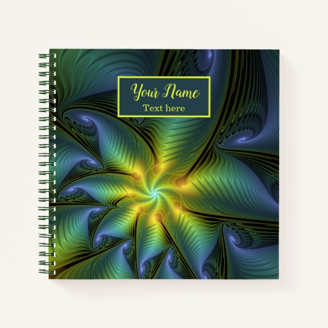 Abstrakter Shiny Blue Green Golden Fraktal Name Notizbuch (Vorderseite)