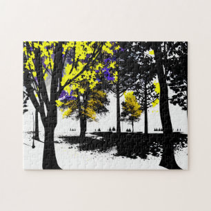 Abstrakter Silhouette-Wald mit Gelb und Lila Puzzle