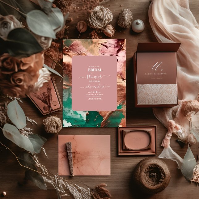 Abstrakter Smaragdgrün-Rose Goldbridal Einladung (Von Creator hochgeladen)