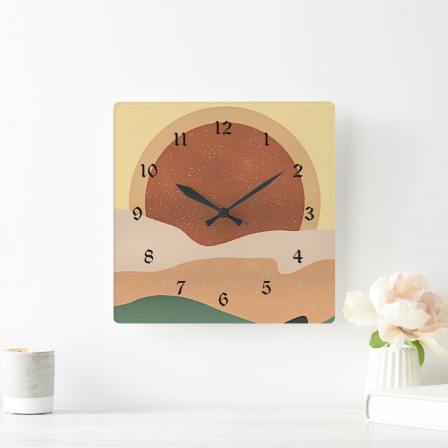 Abstrakter Sonnenaufgang, Minimalismus, Quadratische Wanduhr (Zuhause)