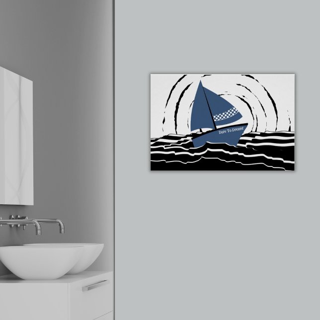 Abstrakter Sonnenuntergang, der das Meer segelt, w Poster (Abstract Sunset Blue Sailing Boat, Motivational Custom Text: Dare To Dream! Poster, Bathroom)