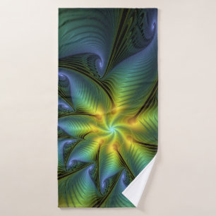 Abstrakter Stern, Shiny Blue Green Golden Fraktal Badehandtuch