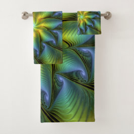 Abstrakter Stern, Shiny Blue Green Golden Fraktal  Badhandtuch Set
