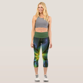 Abstrakter Stern, Shiny Blue Green Golden Fraktal  Capri Leggings