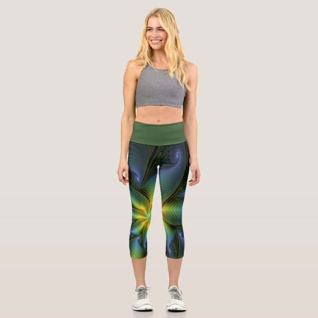 Abstrakter Stern, Shiny Blue Green Golden Fraktal  Capri Leggings (Vorderseite)