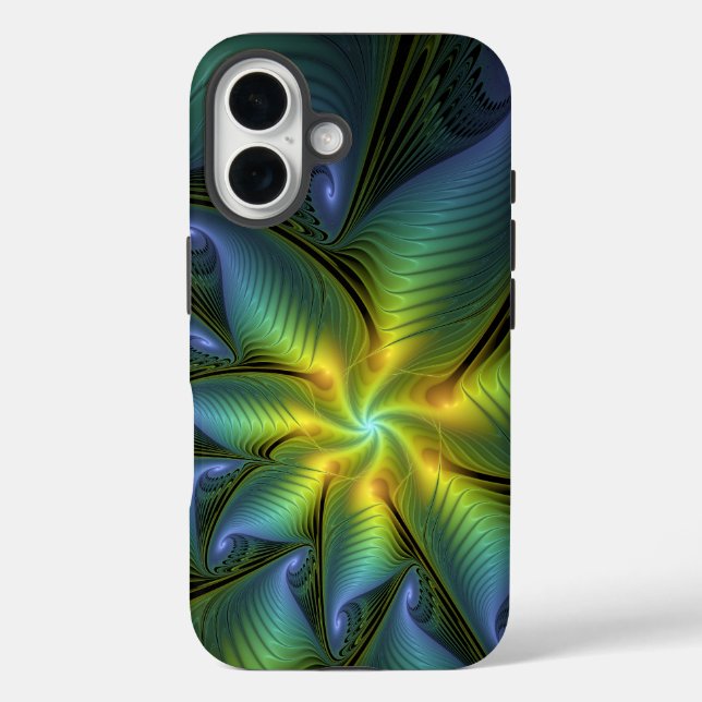 Abstrakter Stern, Shiny Blue Green Golden Fraktal  Case-Mate iPhone Hülle (Rückseite)