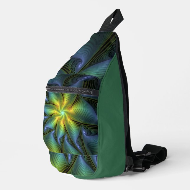 Abstrakter Stern, Shiny Blue Green Golden Fraktal  Crossbody Bag (Rechte Ecke)