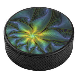 Abstrakter Stern, Shiny Blue Green Golden Fraktal  Eishockey Puck