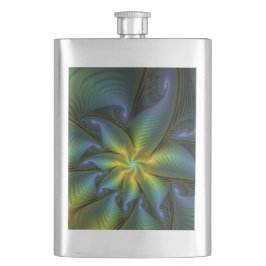Abstrakter Stern, Shiny Blue Green Golden Fraktal  Flachmann