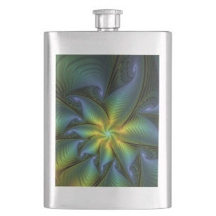 Abstrakter Stern, Shiny Blue Green Golden Fraktal  Flachmann