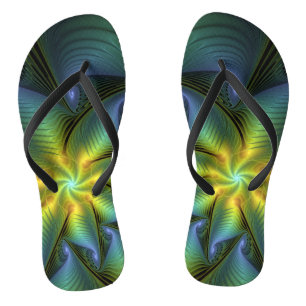 Abstrakter Stern, Shiny Blue Green Golden Fraktal Flip Flops