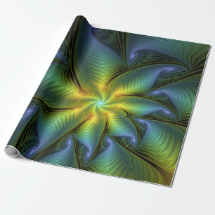 Abstrakter Stern, Shiny Blue Green Golden Fraktal  Geschenkpapier