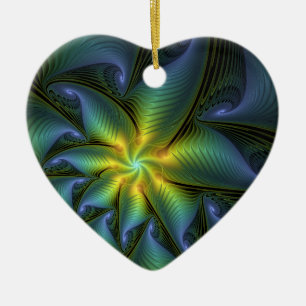 Abstrakter Stern, Shiny Blue Green Golden Fraktal Keramik Ornament