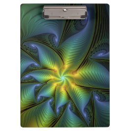 Abstrakter Stern, Shiny Blue Green Golden Fraktal Klemmbrett