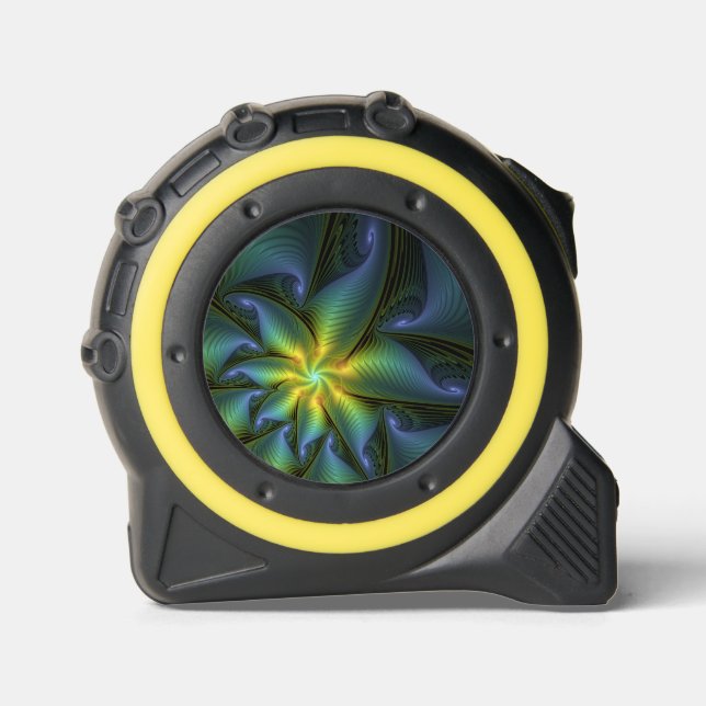 Abstrakter Stern, Shiny Blue Green Golden Fraktal  Maßband (Vorderseite)