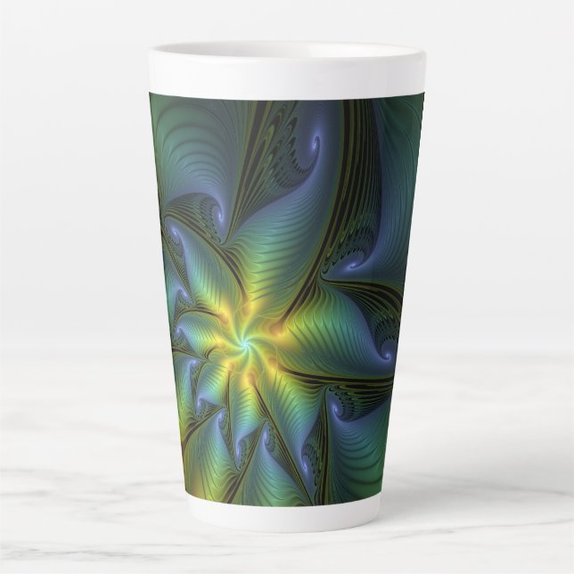 Abstrakter Stern, Shiny Blue Green Golden Fraktal  Milchtasse (Vorderseite)