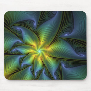 Abstrakter Stern, Shiny Blue Green Golden Fraktal  Mousepad