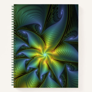 Abstrakter Stern, Shiny Blue Green Golden Fraktal Notizbuch