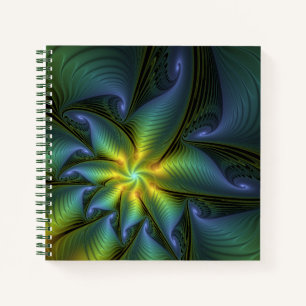 Abstrakter Stern, Shiny Blue Green Golden Fraktal Notizbuch