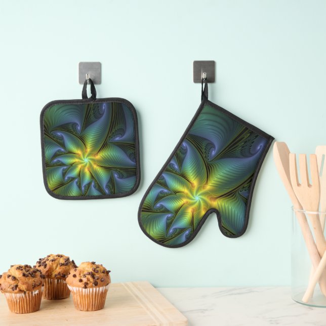 Abstrakter Stern, Shiny Blue Green Golden Fraktal  Ofenhandschuh & Topflappen-Set (Insitu (Hängend))