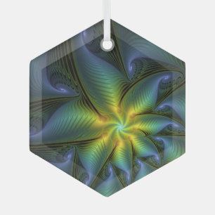 Abstrakter Stern, Shiny Blue Green Golden Fraktal Ornament Aus Glas