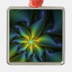 Abstrakter Stern, Shiny Blue Green Golden Fraktal Ornament Aus Metall