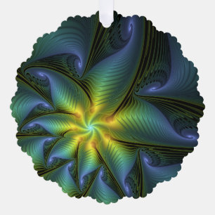 Abstrakter Stern, Shiny Blue Green Golden Fraktal Ornament Karte