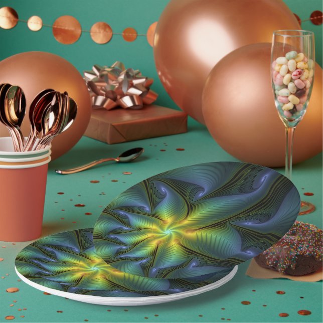 Abstrakter Stern, Shiny Blue Green Golden Fraktal  Pappteller (Multi)