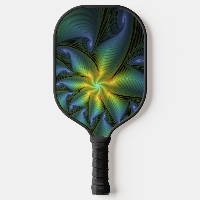 Abstrakter Stern, Shiny Blue Green Golden Fraktal  Pickleball Schläger (Vorderseite)