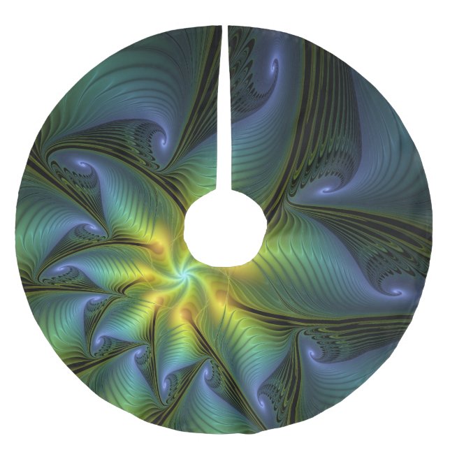 Abstrakter Stern, Shiny Blue Green Golden Fraktal  Polyester Weihnachtsbaumdecke (Vorderseite)