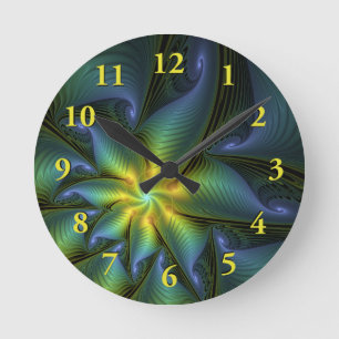Abstrakter Stern, Shiny Blue Green Golden Fraktal  Runde Wanduhr