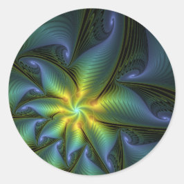 Abstrakter Stern, Shiny Blue Green Golden Fraktal  Runder Aufkleber