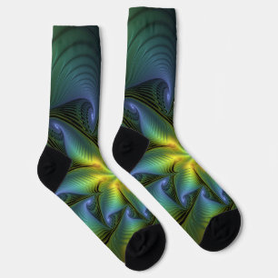 Abstrakter Stern, Shiny Blue Green Golden Fraktal  Socken