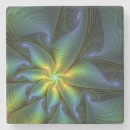 Abstrakter Stern, Shiny Blue Green Golden Fraktal  Steinuntersetzer