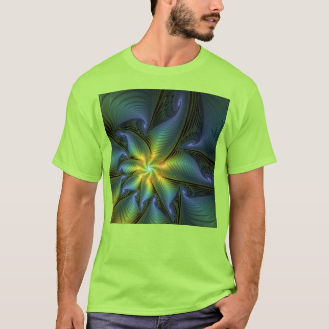 Abstrakter Stern, Shiny Blue Green Golden Fraktal  T-Shirt (Vorderseite)