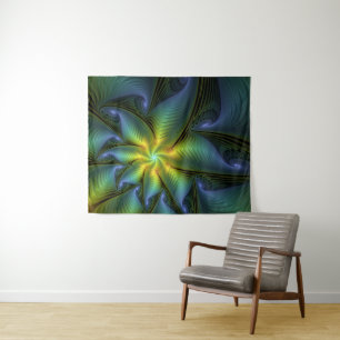 Abstrakter Stern, Shiny Blue Green Golden Fraktal Wandteppich